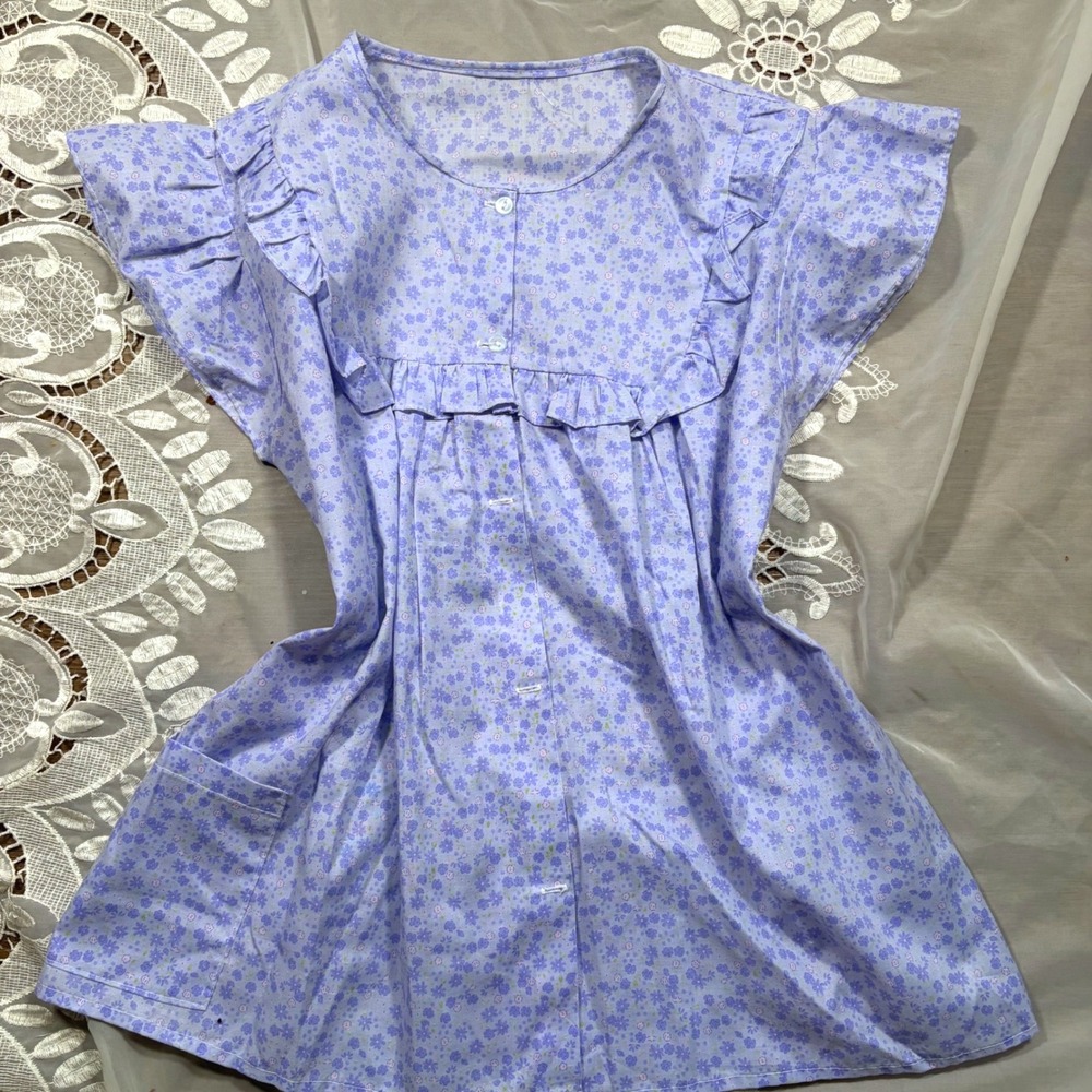 Vintage Cottagecore Blue Floral Ruffle Flutter Sleeve Button Front Sleep Shirt